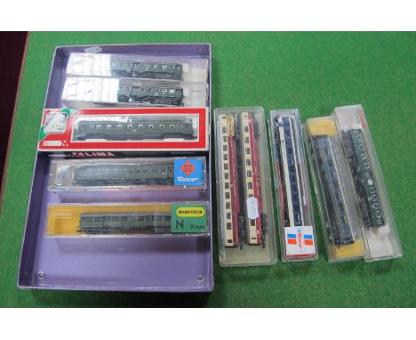 Ten 'N' Gauge Continental Eight Wheel Coaches, by Roca, Lima and others, French and German liveries noted, all cased, but not