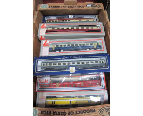 Nine 'HO' Scale Continental Eight Wheel Coaches, by Lima, various countries, liveries, all used, boxed.