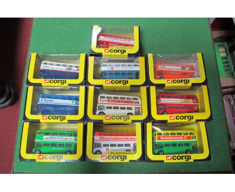 Ten 1980's Corgi Routemasters, both closed and open top, including 'Click on The Draw', all boxed. 