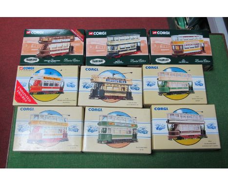 Nine Corgi Classic Trams, all boxed, all different.