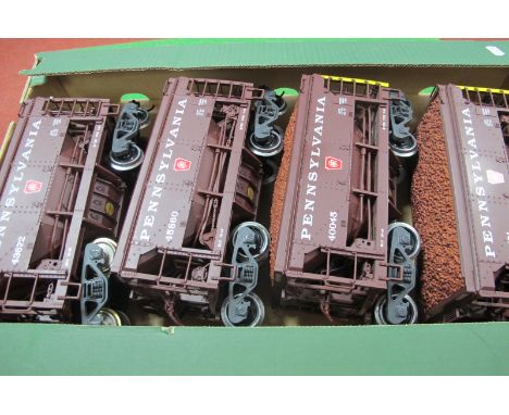 Four 'G' Scale American Outline 'Pennsylvania' Eight Wheel Hoppers, unboxed.