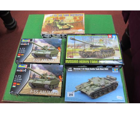 Five Plastic Kits all with a Russian Tank Theme, including 1:48 scale JS-2 by Tamaya and two 1:73 scale T-55 AM/AM2B by Revel