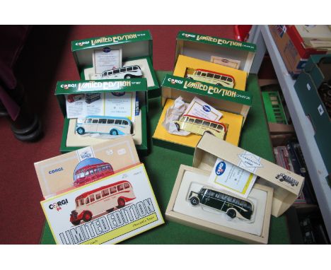 Seven Corgi Classic Bedford OB Buses, including Felix Coaches, all boxed.