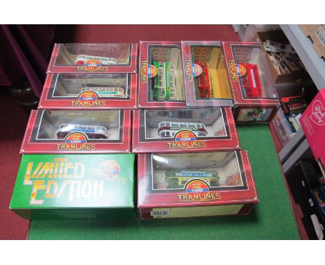 Nine Corgi Tramlines, all different, all boxed.