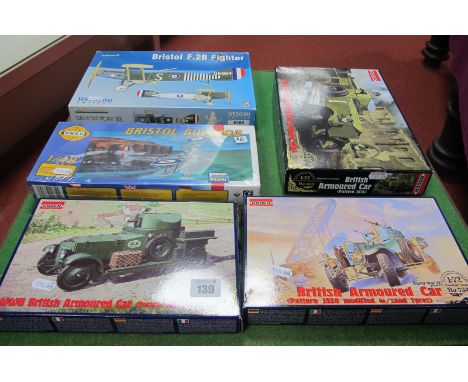 Five Plastic Kits all with a WWI or Similar Theme, including a 1:35 scale British 1914 armoured car by Roden and a 1:48 scale