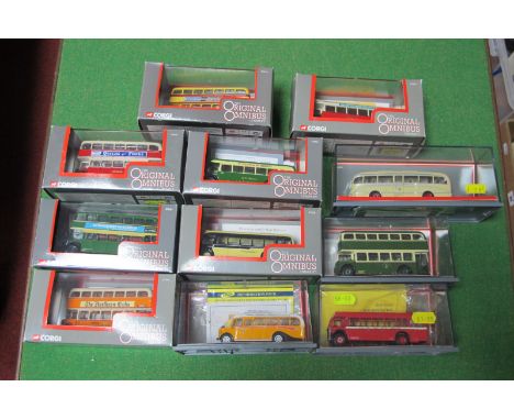 Eleven Corgi Original Omnibus Buses, single and double deckers, all cased, but some detached from bases.