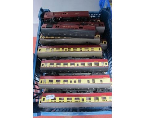 Over Twenty 'OO' Scale Tri-ang Eight Wheel Coaches and Royal Mail Vans, mainly 'Blood and Custard' BR, all playworn.