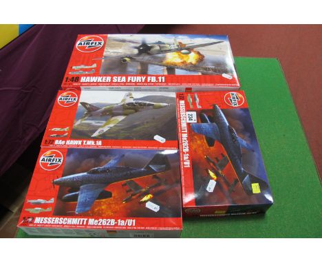 Four Plastic Kits by Airfix, three 1:72nd scale, two Messerschmitt MG262B, one BAE Hawk and a 1:48 scale Hawker Sea Fury, all