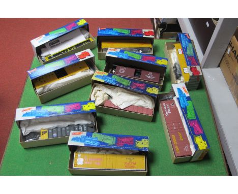 Nine 'HO' Scale American Outline Roundhouse Kits, all rolling stock, appear unstarted, boxed, unchecked.