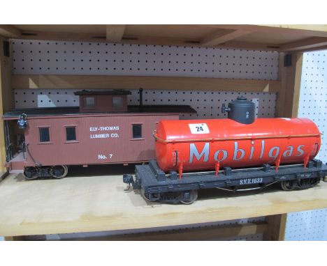 Two G Scale Eight Wheel Railway Wagons, an LGB 'Mobilgas' Tanker and a caboose, playworn.