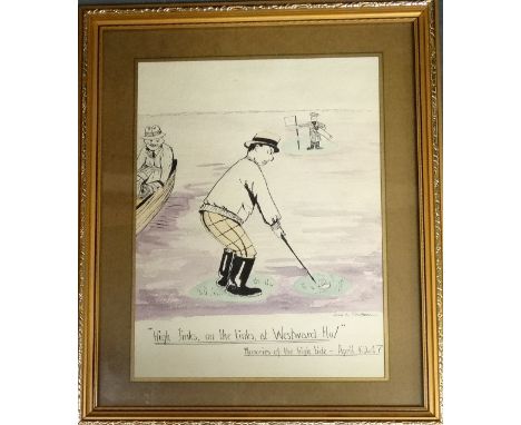 John K Campbell water colour comical Westward Ho! Golf course 1947 