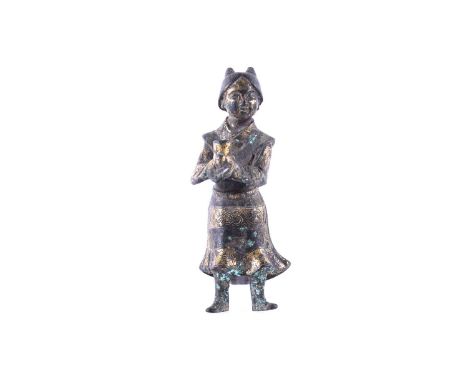 A Chinese parcel gilt bronze figure of a court attendant,中国，局部鎏金铜人像，大概明代，probably Ming Dynasty, her hair in the Tang style, p