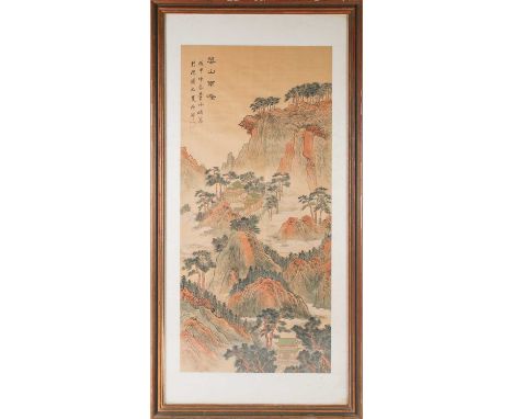 A Chinese silk wall hanging of Wahshan Mountain, Chunchi, 20th century, painted with buildings heightened with gilding within