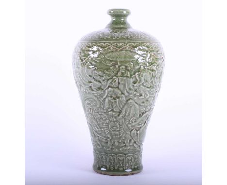 A Chinese celadon ground meiping vase,the shoulder with lotus flower and scroll band above Rui head border, the body moulded 