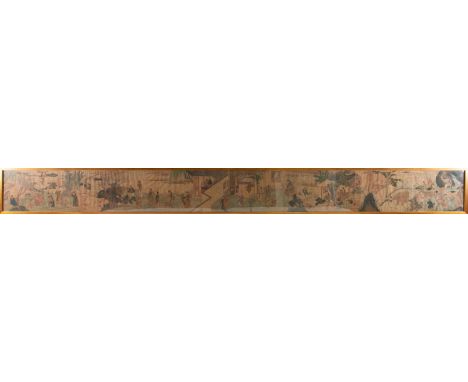 A long Chinese silk hand scroll, Qing, painted with a mythological story of a continuous scene of figures in various pursuits