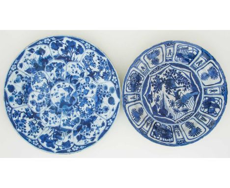 A Chinese Kraak dish, circa 1670, painted in the centre with a moth dropping from the sky to a dragonfly, the rim with asters