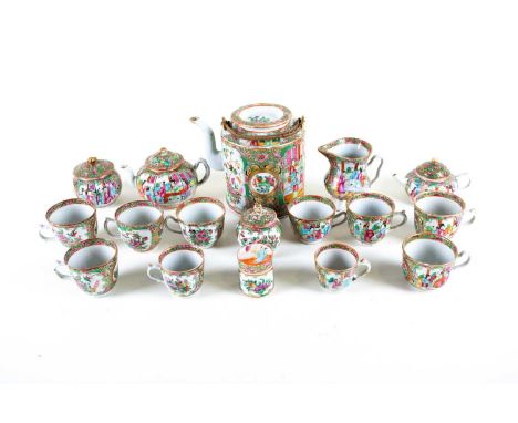 A Chinese Canton Rose enamel part teaset, circa 1860/70, comprising large teapot, two small teapots, milk jug on three legs, 