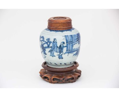 A Chinese blue and white vase, late 17th/18th century, the shoulder with a band of ruyi heads, above three figures within a g