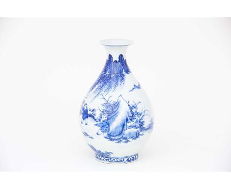 A Chinese blue &amp; white 'boys' vase, Yuhuchunping, the flared rim above a short neck decorated with banana leaves, the pea