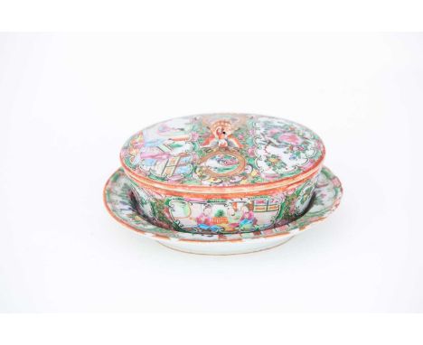 A Chinese Canton enamel butter dish, cover and stand, early - mid 19th century, the cover with gilt fruit finial, each piece 