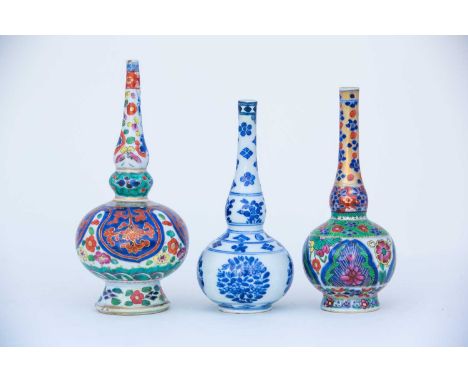 Three Chinese porcelain rosewater sprinklers, Kangxi, early 18th century, to include two European decorated examples, 16cm - 