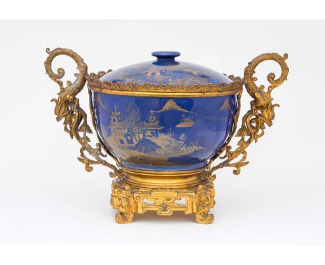 A Chinese powder blue bowl and cover, Kangxi, early 18th century, in 19th century French gilt ormolu mounts, the cover and bo