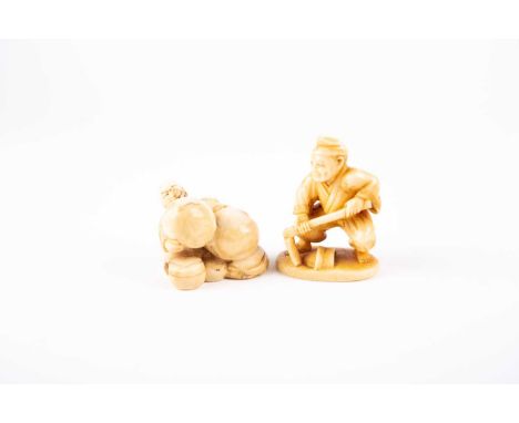 Two Japanese ivory netsuke, 19th century, carved as Kashima placing restraining stones on Namazu, signed, the other as Hanasa