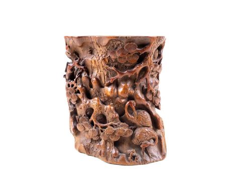 A Chinese carved bamboo brush pot, late Ming Dynasty,中国，竹刻笔筒一件，明代晚期carved and pierced with two Manchurian cranes amongst gnar