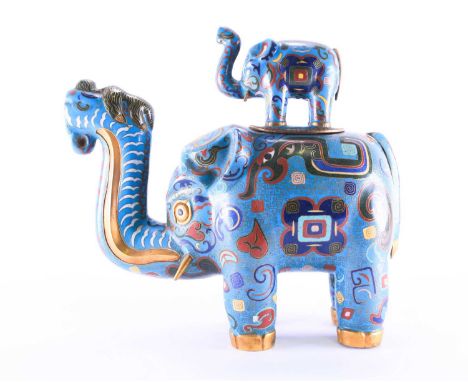 A Chinese cloisonne elephant and calf, 20th century, with archaic style decoration, the calf upon her back forming the cover,