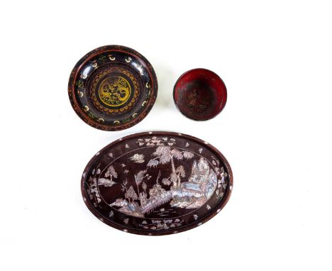 A rosewood tray, mid 19th century, inlaid in mother of pearl, with a dignitary and attendants crossing a bridge from a mounta
