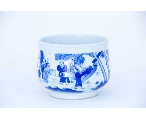 A Chinese blue & white censer, late Qing,中国， 青花双色香炉一件，晚清of slightly compressed form, with anhua scroll border, painted with s