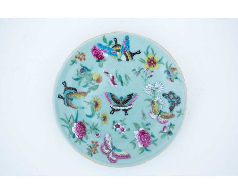 A Chinese Canton Rose side plate, circa 1870, finely enamelled with butterflies, fruits and flowers, blue seal mark, 19.5cm d