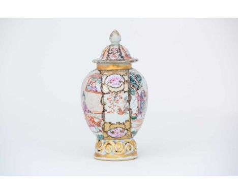 A Chinese tea cannister and cover, circa 1740, finely enamelled in oval panels with men with an ox and two ladies, and a fish