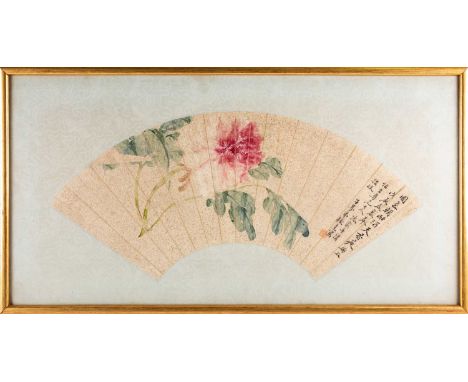 A Chinese mounted fan, 20th century, painted with a blossoming flower and leaves, four lines of script and a red seal mark, w