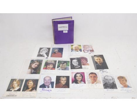 A large Collection of Coronation Street Signed / Autographed publicity photo / cards - mostly postcard size. Housed in a fold