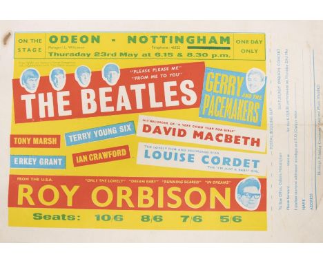 THE BEATLES - Roy Orbison Original 1963 Handbill with Ticket Booking Slip. Thursday 23rd May 1963 at the Odeon Nottingham. Ge