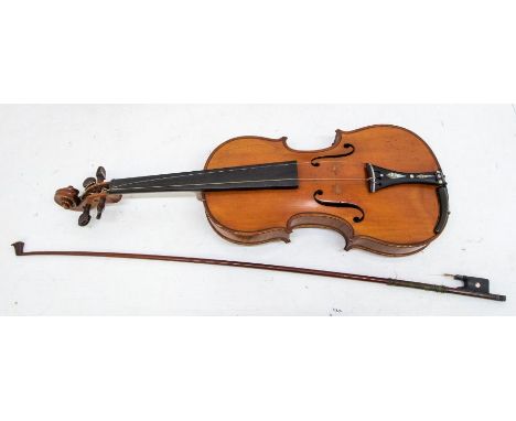 A Violin with facsimile Stradivarius label, the two-piece back of medium curl descending from the joint, the ribs of similar 