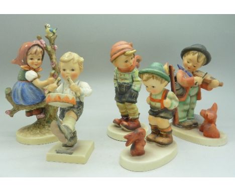 Five Hummel figures, Apple Tree Girl, Sensitive Hunter, Puppy Love, a/f, Little Drummer and March Winds, a/f