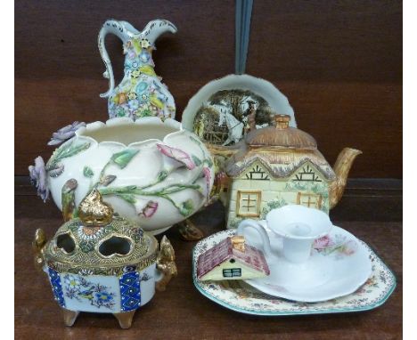 A Royal Doulton dish, Sir Roger De Coverley, two continental vases, a chamber stick, etc.