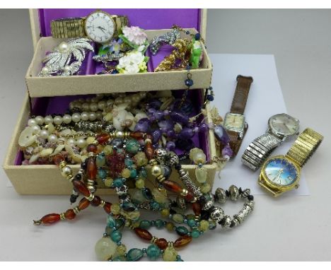 Four gentleman's wristwatches including Timex and Nelson, a Royal Engineers badge and costume jewellery with box