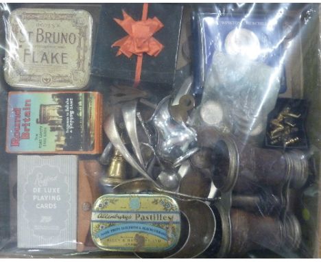 Assorted items including opera glasses, playing cards, etc.