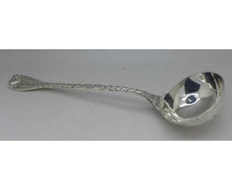 A Victorian silver Palm pattern ladle, London 1871, by George Adams, length 33.5cm, weight 308g, two dents to bowl