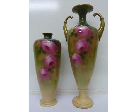 A Wilkinson Rozane handled vase and a similar vase, a/f, both decorated with roses, height of tallest 39.5cm