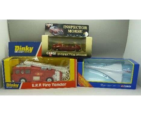 A Corgi Concorde, a Corgi Inspector Morse Jaguar and a Dinky ERF Fire Tender, all boxed