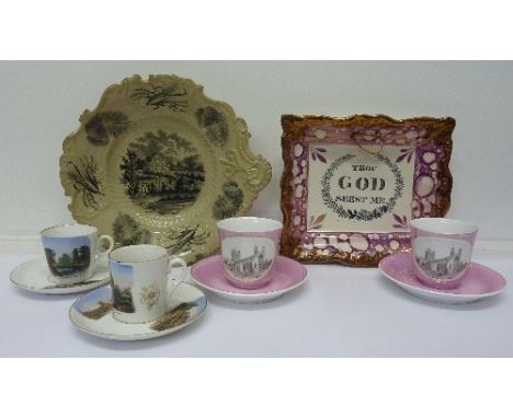 A Lustre ware wall plaque with inscription, a bowl showing a Cheltenham scene, four cups and saucers with Cheltenham and Tewk