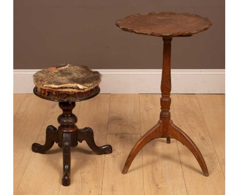 The walnut tripod table with a pie crust top, turned support and shaped legs. The Victorian rosewood veneered piano stool wit