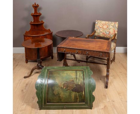 The collection consisting of a sofa table; two tripod tables; a walnut barley twist armchair; and two corner cupboards   Qty: