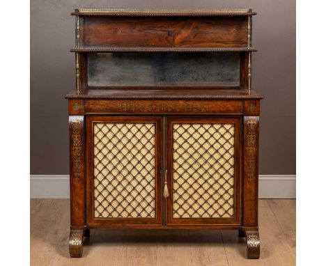 The chiffonier with a two-tier superstructure with turner brass supports and partially mirrored back over a base with decorat