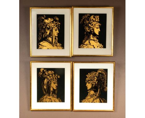 Painted in gold on a black background, depicting Renaissance style figures.each 45cm x 37cmQty: 4One with significant cracks 
