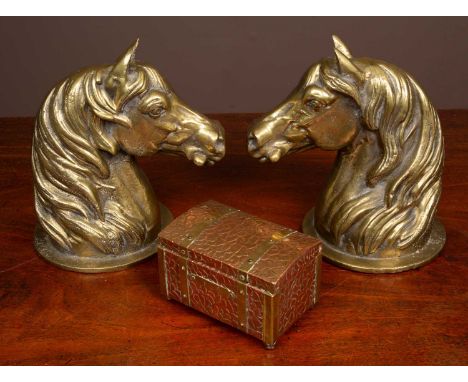 The tea caddy with brass banding and an Arts &amp; Crafts style loose leaf tea serving spoon.The horses heads 20cm high. The 